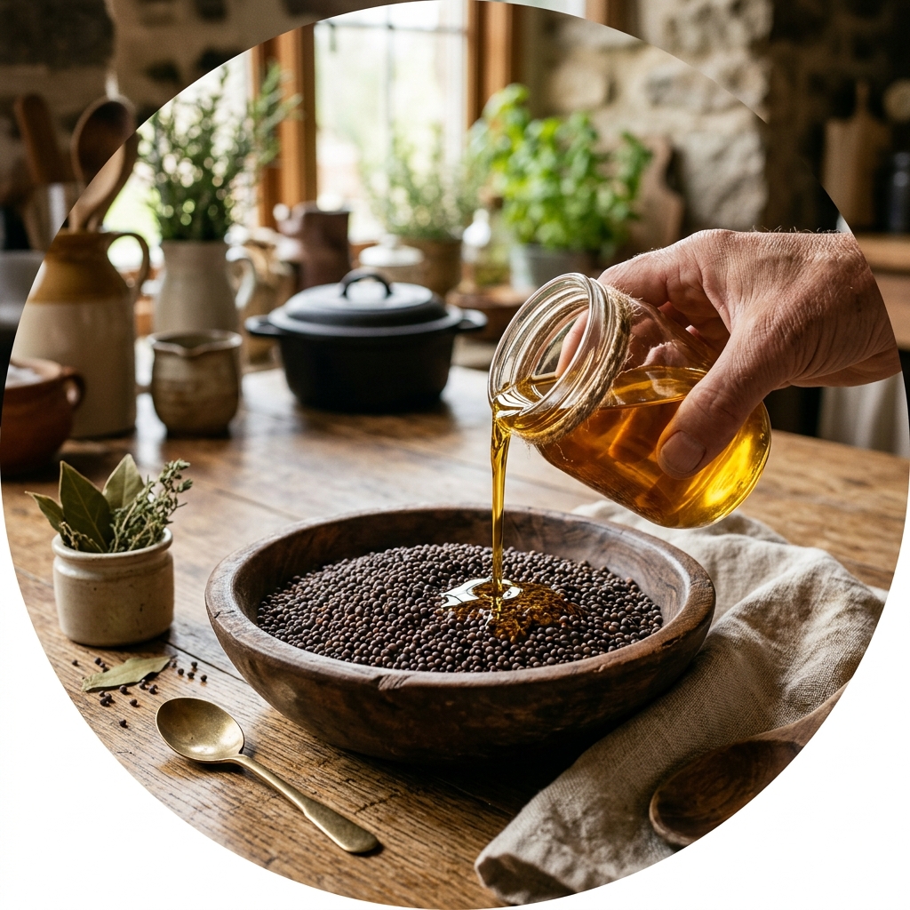 Mustard seeds and golden oil pouring